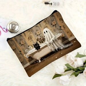Gothic Halloween Ghost and Cat in Bathtub Travel Makeup Bag Double Sided Printed